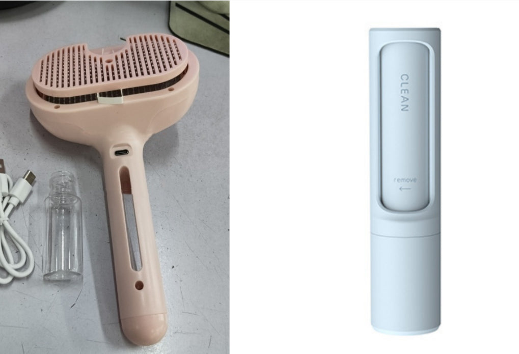 Hair styling tool with detachable parts on a gray surface, next to a cylindrical device labeled 'CLEAN' on a white background.