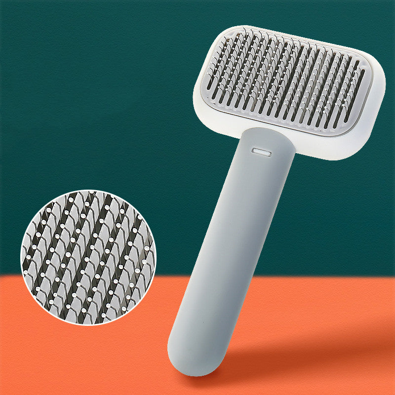Pet grooming brush with close-up of bristle pattern on a green and orange background