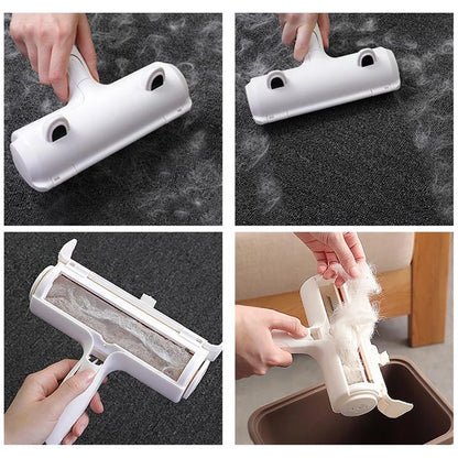 Cleaning tool being used on a surface with visible dirt, then emptied into a trash bin.