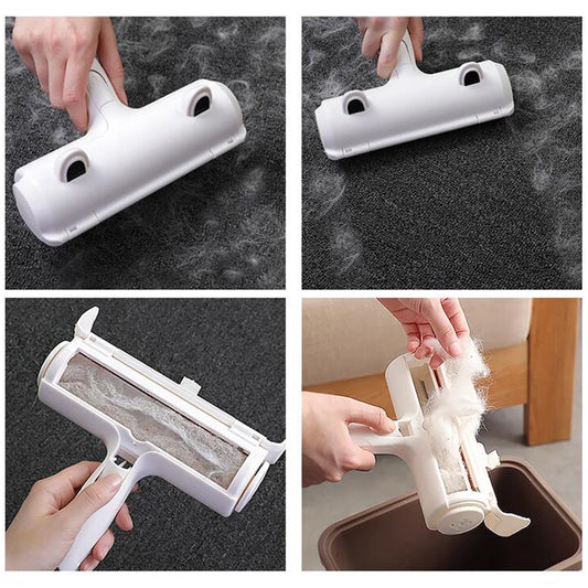 Cleaning tool being used on a surface with visible dirt, then emptied into a trash bin.