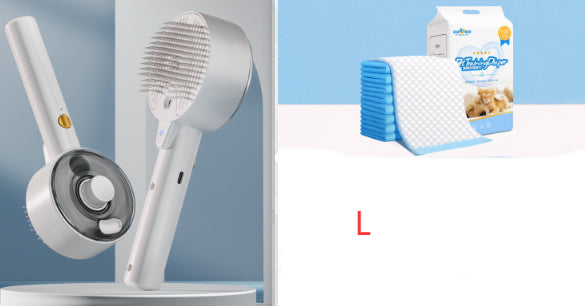 A split product image showing two items: on the left, a white handheld grooming brush with a round head, and on the right, a pack of blue and white absorbent pads with a package box and a red size label 'L'.
