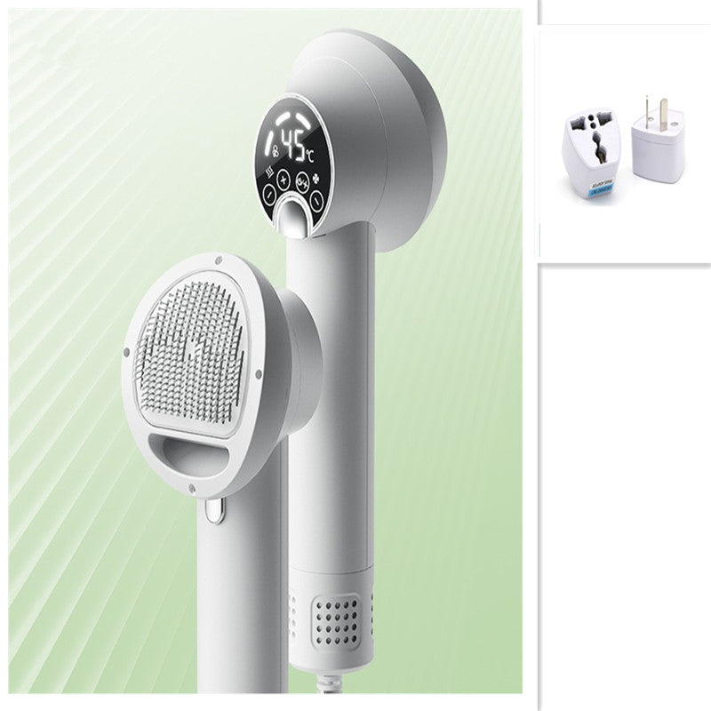 A white handheld shower head with a digital temperature display on the front, shown alongside its wall-mounted head and a small inset showing plug adapters. The background is a soft green gradient on the left and white on the right.