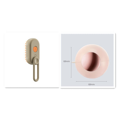 Beige grooming brush and pink pet toy with measurement details on a white background