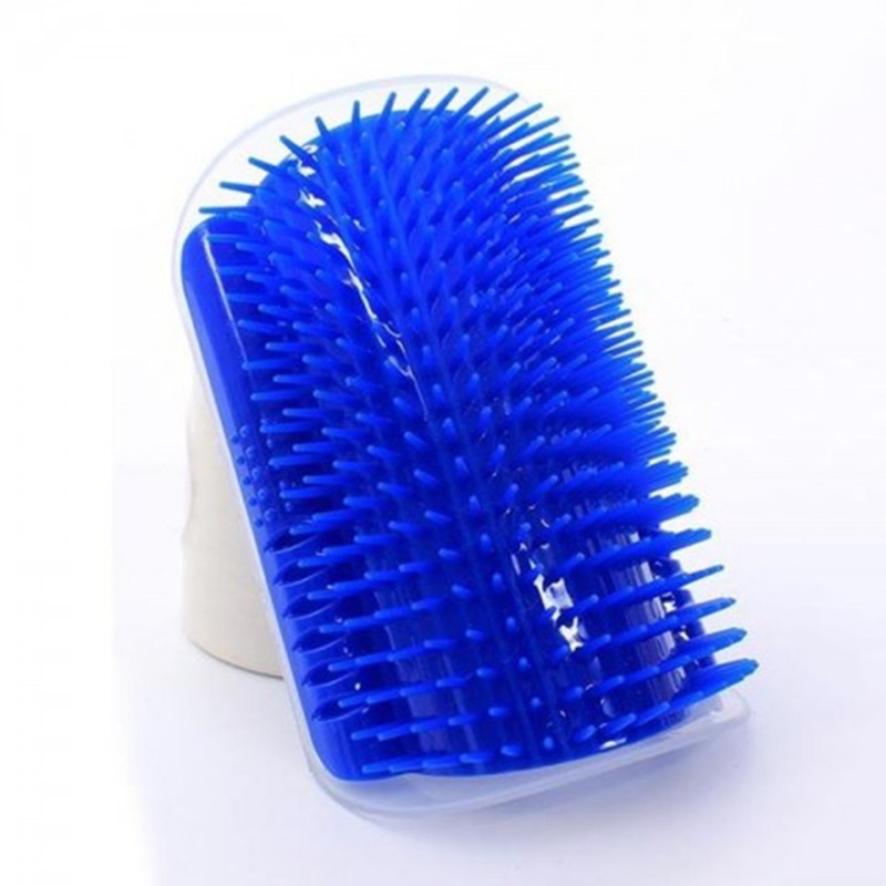 Blue grooming brush with clear handle on a white background