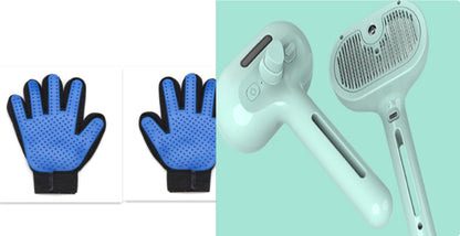 Blue grooming gloves on a white background and a white grooming tool on a teal background