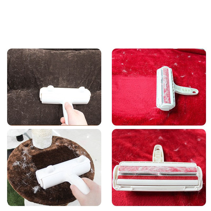 Cleaning roller being used on different surfaces with visible dirt removal.