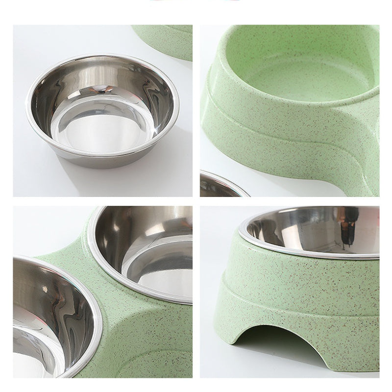 Collage of a green pet bowl with a stainless steel interior, showing different angles on a white background.