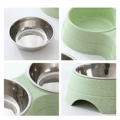 Collage of a green pet bowl with a stainless steel interior, showing different angles on a white background.