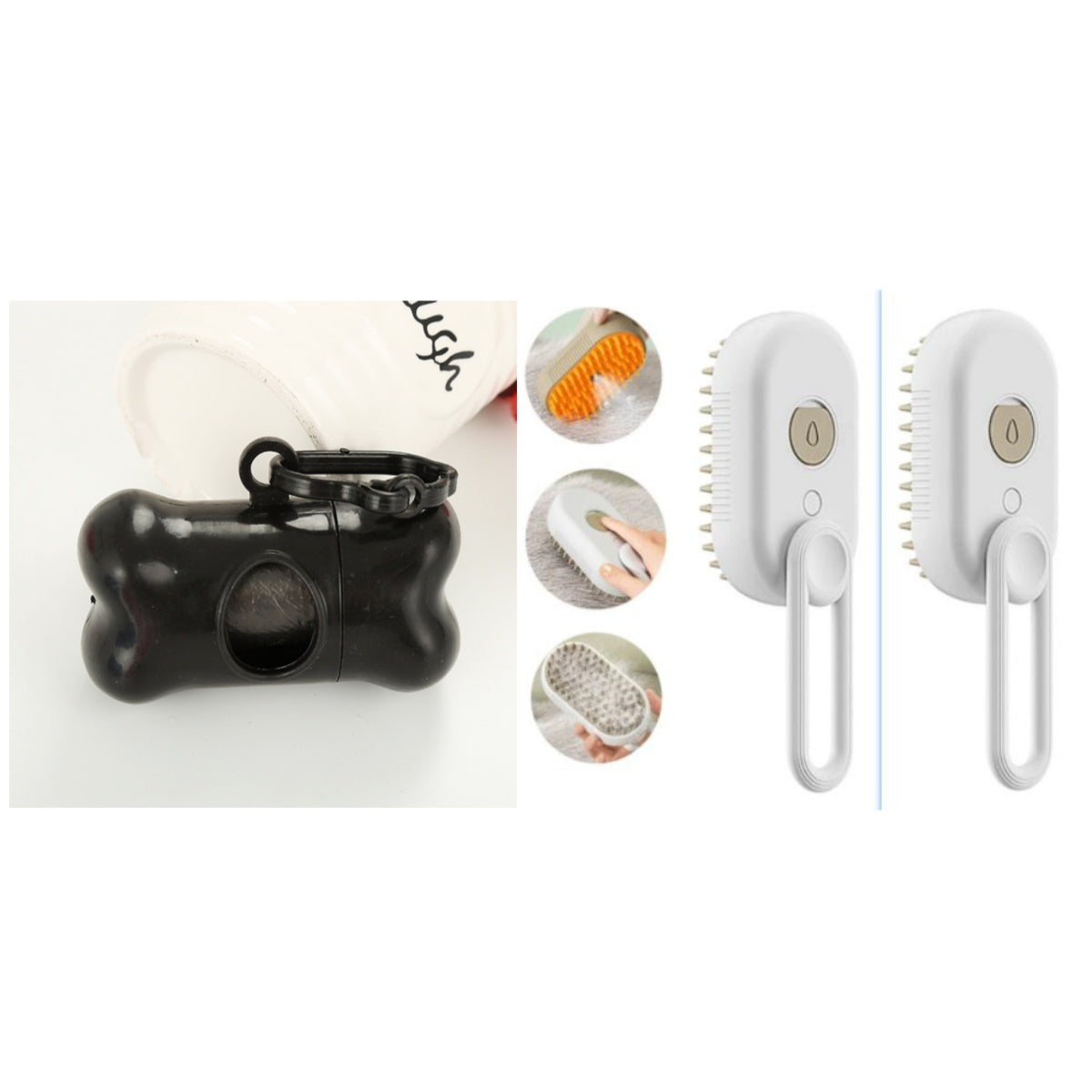 Dog grooming tool set with black and white brushes on a white background