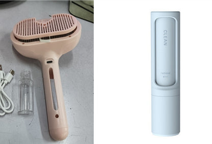 Hair styling tool with detachable parts on a gray surface, next to a cylindrical device labeled 'CLEAN' on a white background.
