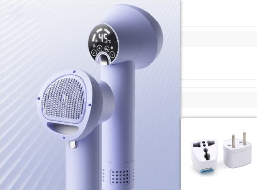 Handheld hair dryer with digital display and attachments on a light gray background