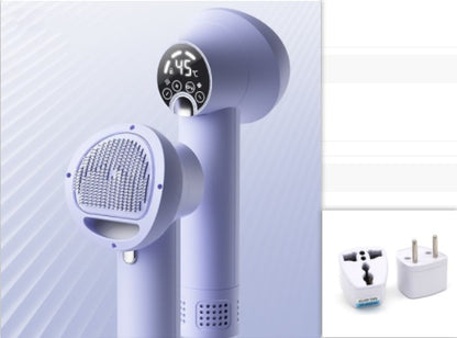 Handheld hair dryer with digital display and attachments on a light gray background