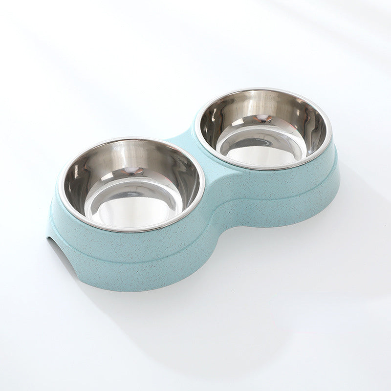 Pet bowl with two stainless steel compartments on a light blue base against a white background
