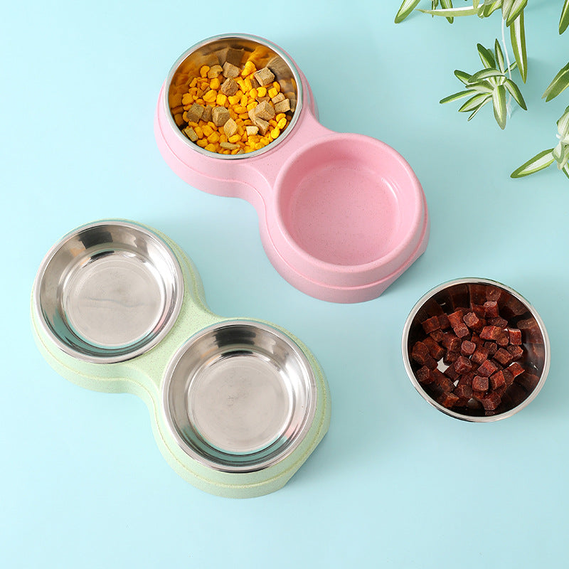 Pet food containers with different types of pet food on a light blue background