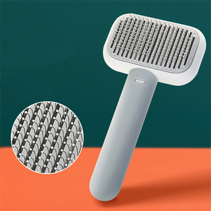 Pet grooming brush with close-up of bristle pattern on a green and orange background