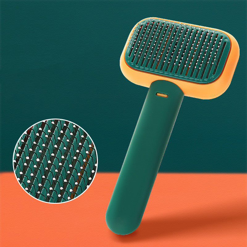Pet grooming brush with close-up of bristle texture on a green and orange background