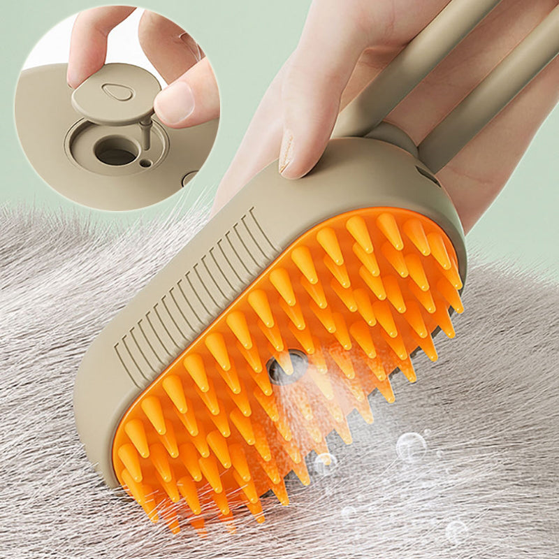 Pet grooming brush with orange bristles being used on a surface, close-up of the brush head.