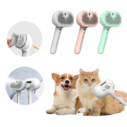 Pet hair remover brush shown in three color options: white, pastel pink, and mint green, alongside circular detail insets and a lifestyle demonstration on a dog and a cat.