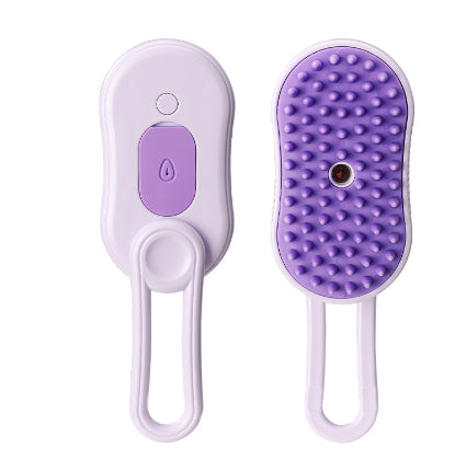 Purple and white grooming brush on a white background