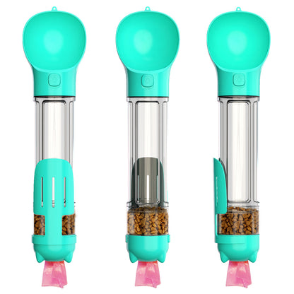 Three turquoise pet water bottles with clear sections and pink nozzles on a white background