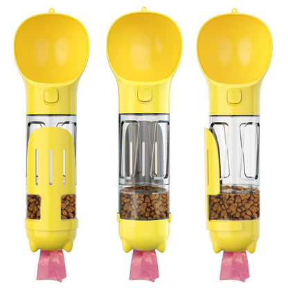 Three yellow pet feeders with clear sections and pink bases on a white background