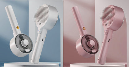 Two handheld hairbrushes, one white and one pink, on a gradient background.