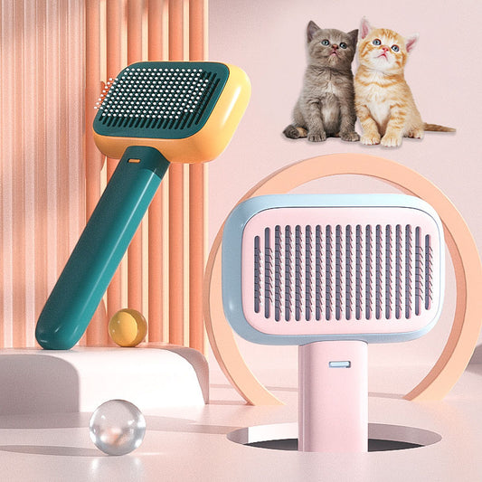 Two pet grooming brushes are shown in a stylized studio scene: a larger teal-and-yellow brush on the left and a smaller pastel pink-and-blue brush on the right. Two cats appear in the upper right, and decorative geometric props and a small clear sphere sit around the products.