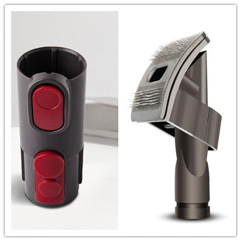 Two vacuum attachments: a black and red tool and a gray brush with bristles on a white background.