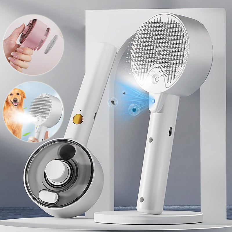White handheld grooming tool with a brush head on a gray background