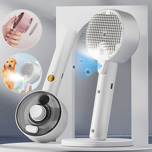 White handheld grooming tool with a brush head on a gray background