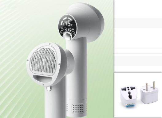 White handheld hair dryer with digital display on a light green background, accompanied by two white plugs.