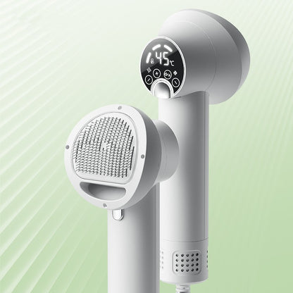 White handheld shower head with digital display on a light green background