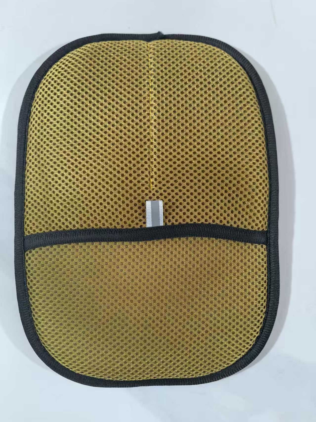 Yellow mesh pouch with black trim on a white background