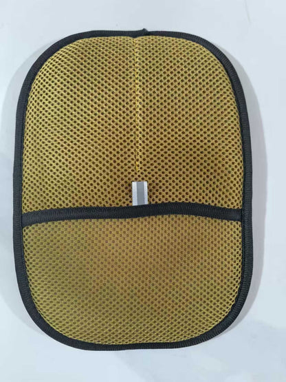 Yellow mesh pouch with black trim on a white background