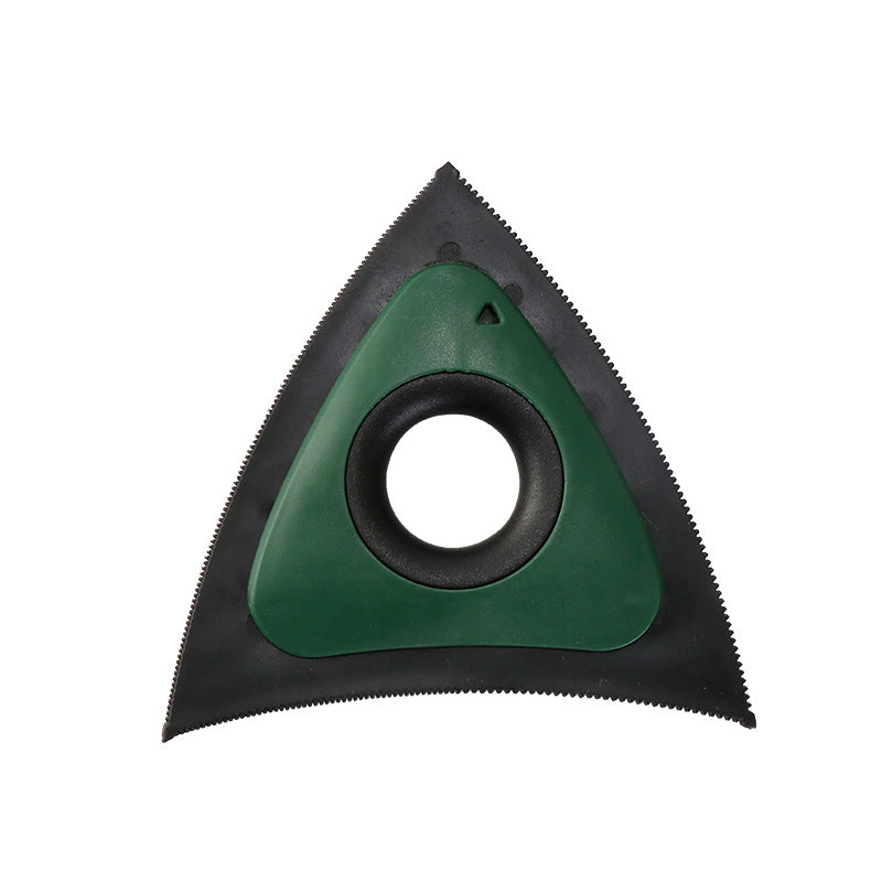 Triangular tool with green center and black sides on a white background