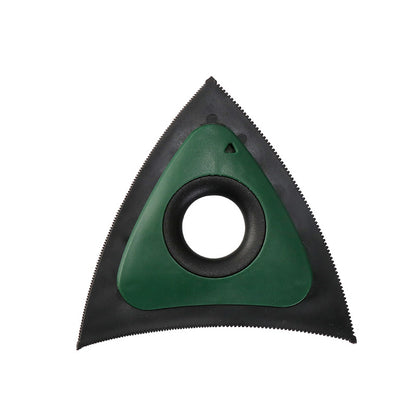Triangular tool with green center and black sides on a white background