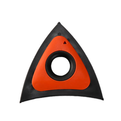 Triangular tool with orange center and black sides on a white background