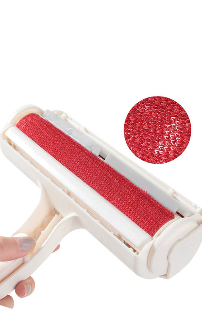 Red roller brush with a close-up inset on a white background