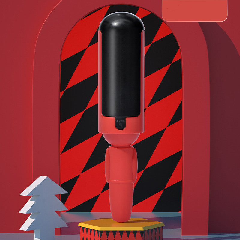 Red and black striped archway with a cylindrical object on a red background