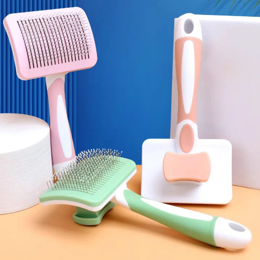 Set of pet grooming tools including a brush, comb, and other accessories on a colorful background.