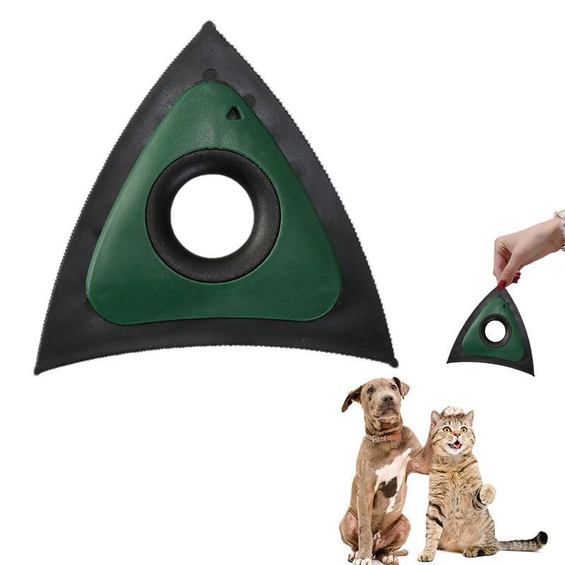 Triangular green and black pet toy with a hand holding it, next to a dog and a cat on a white background.