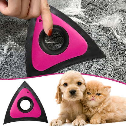 Pet grooming tool with fur on a gray surface, followed by two pets and the same tool.